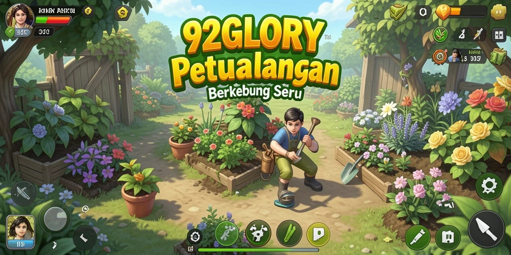 Tangkapan layar gameplay 92GLORY yang menunjukkan aktivitas berkebun.