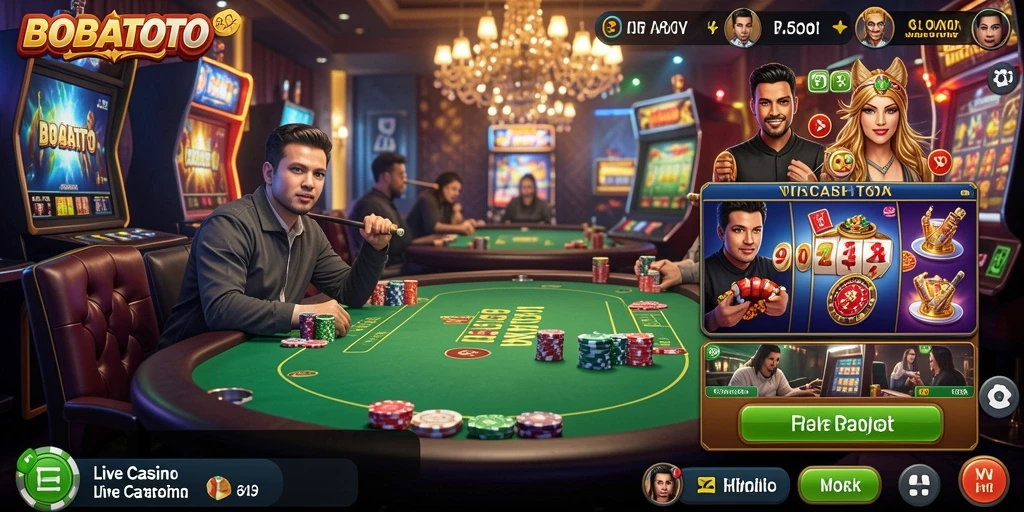 Screenshot gameplay BOBATOTO yang menunjukkan dealer langsung dan interaksi pemain.