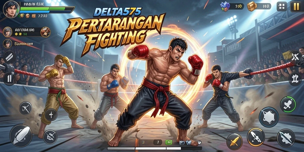 Tampilan gameplay seru dalam DELTA575 saat bertarung di arena.