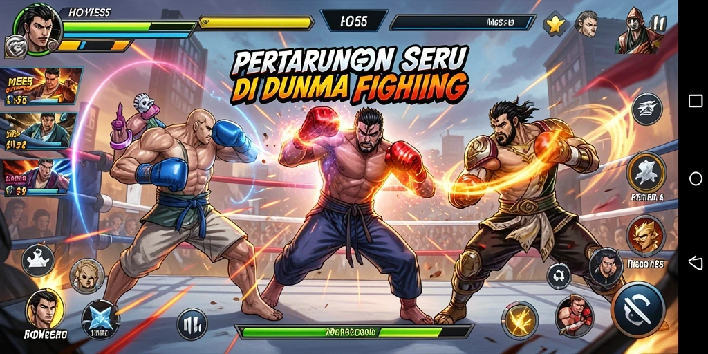 Screenshot gameplay HOYE55 menampilkan karakter sedang bertarung di arena yang dinamis.