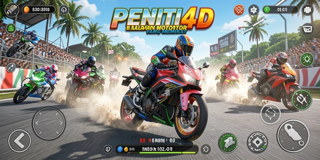 Tampilan gameplay mendebarkan dari PENITI4D di trek balap motor.